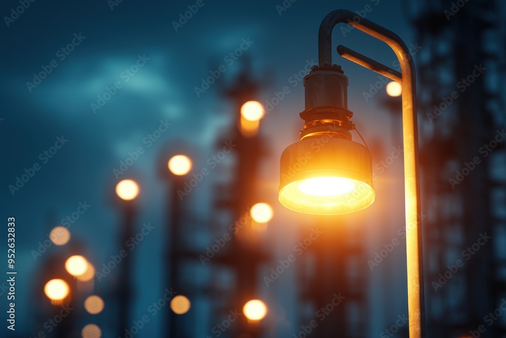 A glowing street lamp illuminates a cityscape at dusk, creating a warm ambiance against an industrial background. A glowing street lamp illuminates a cityscape at dusk, creating a warm ambiance against an industrial background.