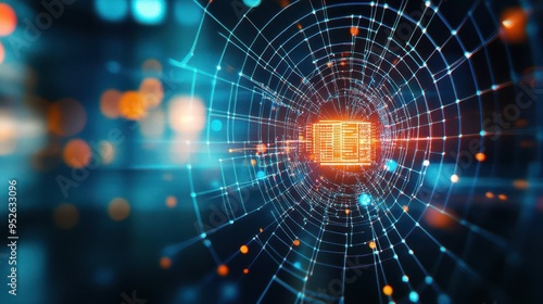A captivating digital web with glowing lines and a central chip, symbolizing technology, innovation, and connectivity.