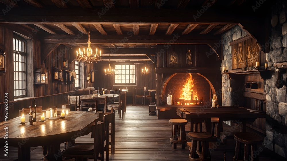 Candle-lit medieval tavern featuring wooden tables and a roaring fireplace Warm inviting with rich wood tones soft flickering light realistic 3D rendering Candle-lit medieval tavern featuring wooden tables and a roaring fireplace Warm inviting with rich wood tones soft flickering light realistic 3D rendering