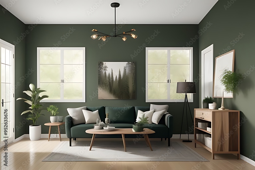 Fototapeta premium Modern living room with hunter green sunlight shadow.