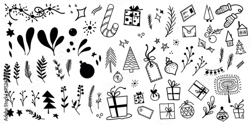 Christmas design elements in the form of a solid black and white line, a Christmas tree, a gift box. The concept of the holiday. New Year.