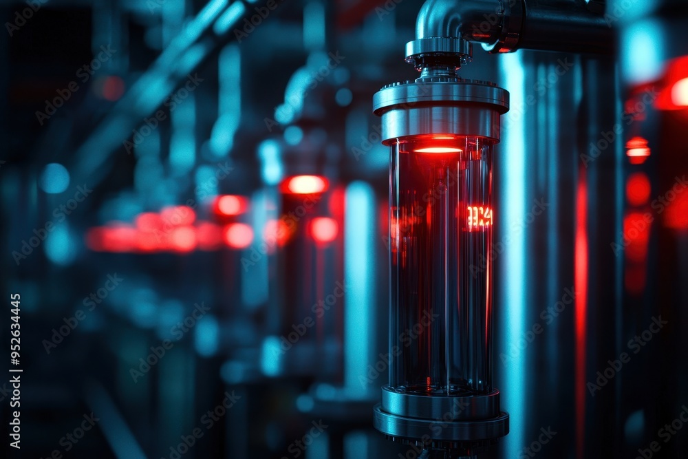 Close-up of illuminated industrial tubes with red lights, showcasing modern technology and innovative design in a dark environment. Close-up of illuminated industrial tubes with red lights, showcasing modern technology and innovative design in a dark environment.