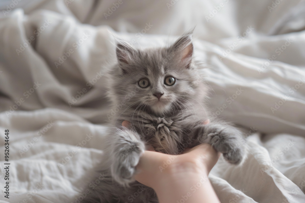 a person holding a small kitten on a bed a person holding a small kitten on a bed