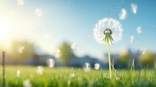 A close-up of a dandelion flower illuminated by sunlight, surrounded by soft grass, evoking a serene spring atmosphere.