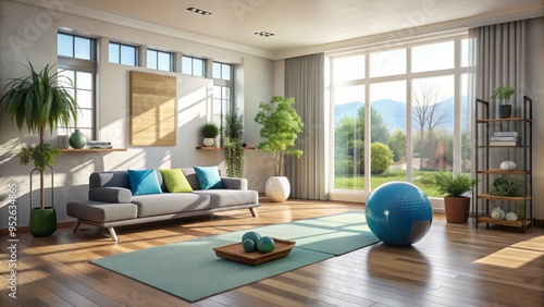 A clutter-free living room transformed into a home gym, featuring a yoga mat, dumbbells, and exercise ball, surrounded by natural light and minimal decor. photo