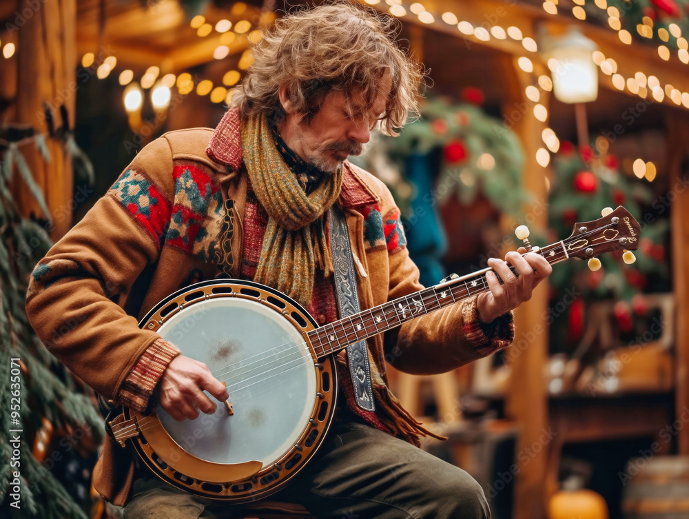 A man is playing a banjo in front of a Christmas tree. The man is wearing a brown jacket and a scarf
