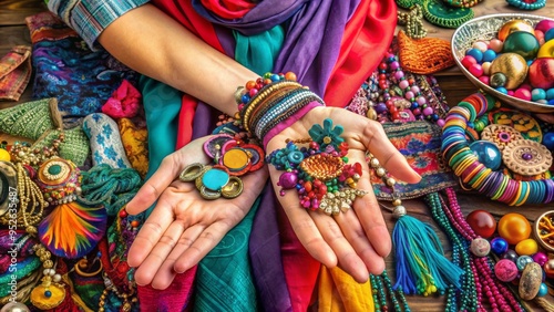 A colorful array of fashionable garments spills out of an open palm, with a few accessories like a scarf and earrings scattered around. photo