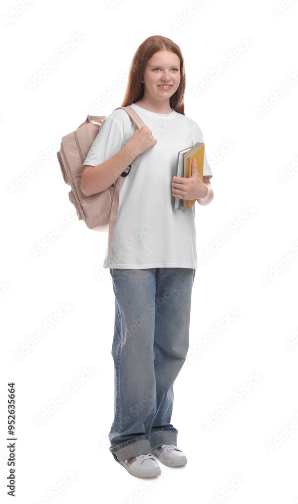 Teenage girl with backpack and books on white background Teenage girl with backpack and books on white background