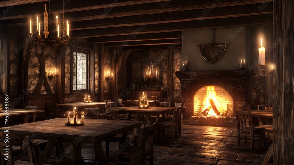 Inviting medieval tavern with a roaring fireplace wooden tables and candlelight Warm ambiance with rich wood tones and soft flickering light realistic 3D rendering Inviting medieval tavern with a roaring fireplace wooden tables and candlelight Warm ambiance with rich wood tones and soft flickering light realistic 3D rendering