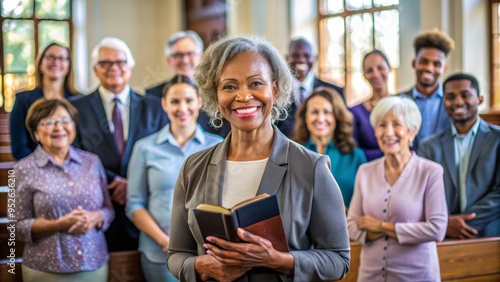A compassionate female pastor smiles warmly while holding a bible, standing in a modern church surrounded by diverse congregation members of all ages.