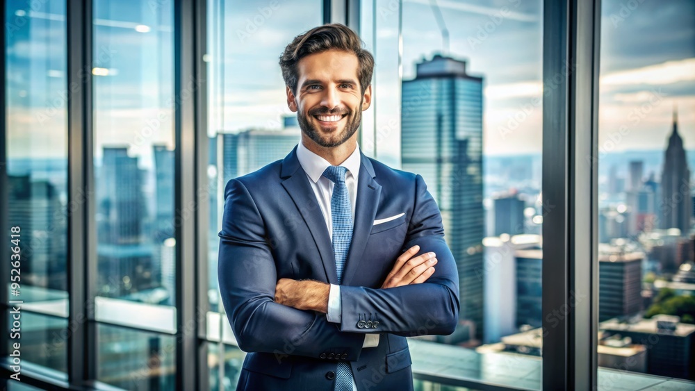Fototapeta premium A confident and trustworthy individual with a warm smile, dressed in professional attire, standing in a high-tech modern office with a cityscape background.