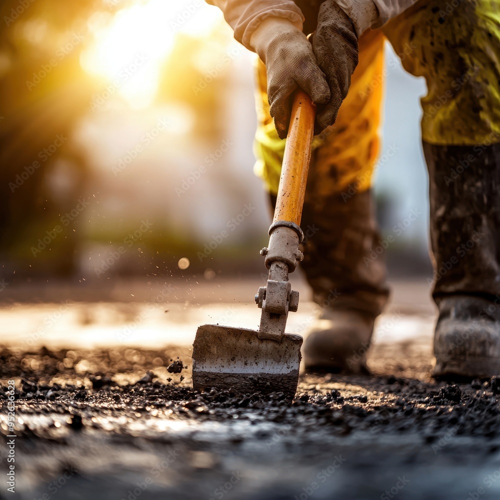 A close-up of a worker using a shovel to spread asphalt on a sunny morning, showcasing dedication and craftsmanship. A close-up of a worker using a shovel to spread asphalt on a sunny morning, showcasing dedication and craftsmanship.