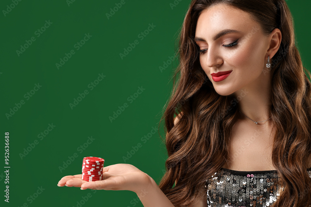Charming woman with poker chips on green background. Space for text Charming woman with poker chips on green background. Space for text
