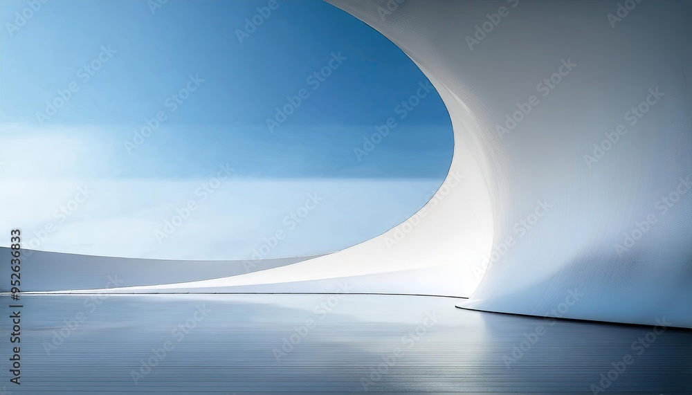 modern architectural scene with a simple curved wall on the right, creating sharp lines and geometric shapes in white against a blue sky background. modern architectural scene with a simple curved wall on the right, creating sharp lines and geometric shapes in white against a blue sky background.
