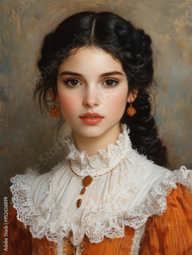 Vintage Oil Painting of a Woman in a Lace Collar and Dark Hair
