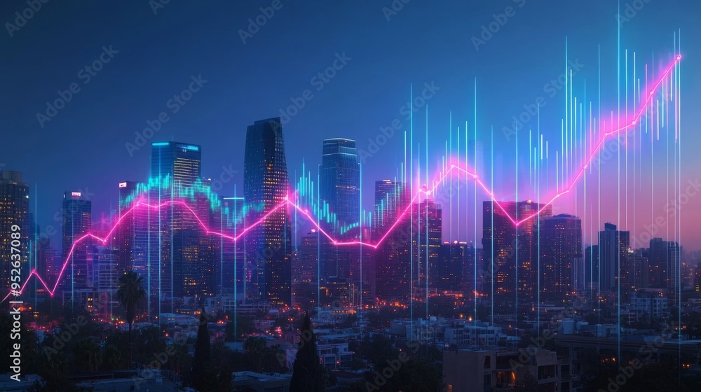 Naklejka premium City skyline at dusk with an overlay of a transparent graph showing real estate market growth. The graph is glowing with neon colors.