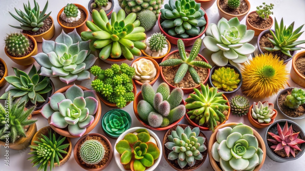 Fototapeta premium A delicate assortment of succulents and cacti in varied shapes and sizes are artfully arranged on a bright white background, showcasing their unique textures.