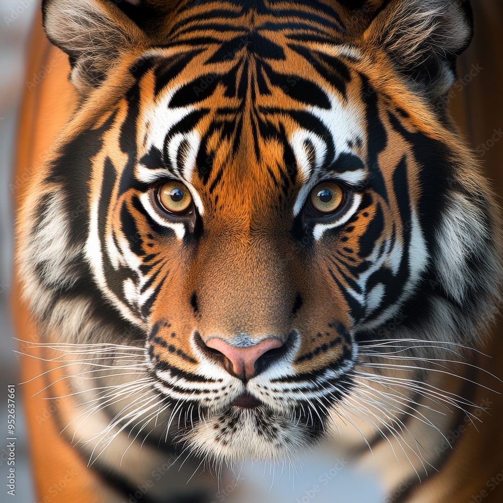 Fototapeta premium Stunning close-up of a majestic tiger showcasing vivid colors and striking features in a wild environment.
