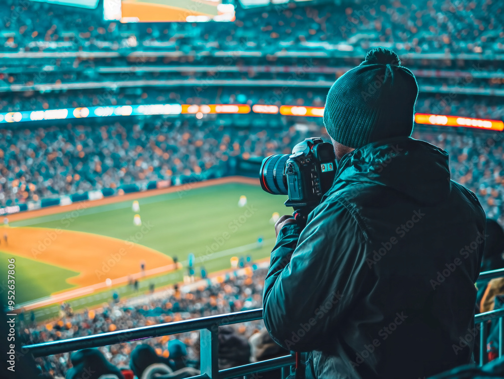 A man wearing a black jacket and a hat is taking a picture of a baseball game. The stadium is filled with people, and the atmosphere is lively and energetic
