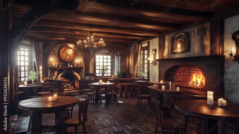 Warm medieval tavern featuring candle-lit wooden tables and a roaring fireplace Cozy with rich wood tones soft flickering light realistic 3D rendering Warm medieval tavern featuring candle-lit wooden tables and a roaring fireplace Cozy with rich wood tones soft flickering light realistic 3D rendering