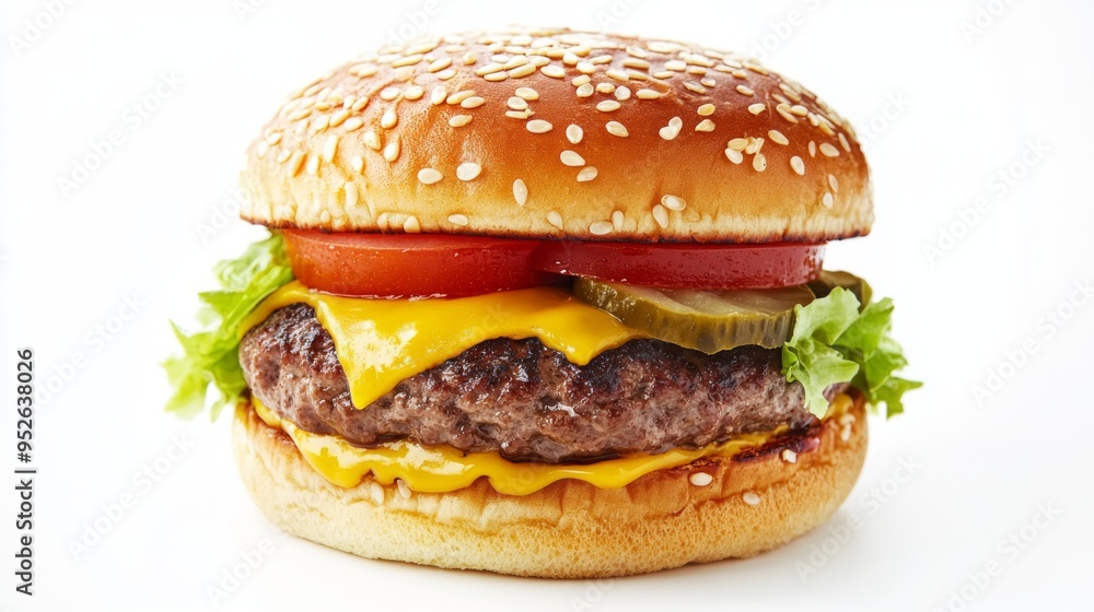 Classic cheeseburger with a juicy beef patty, melted cheese, lettuce, tomato, and pickles, served on a sesame seed bun against a clean white background. Classic cheeseburger with a juicy beef patty, melted cheese, lettuce, tomato, and pickles, served on a sesame seed bun against a clean white background.