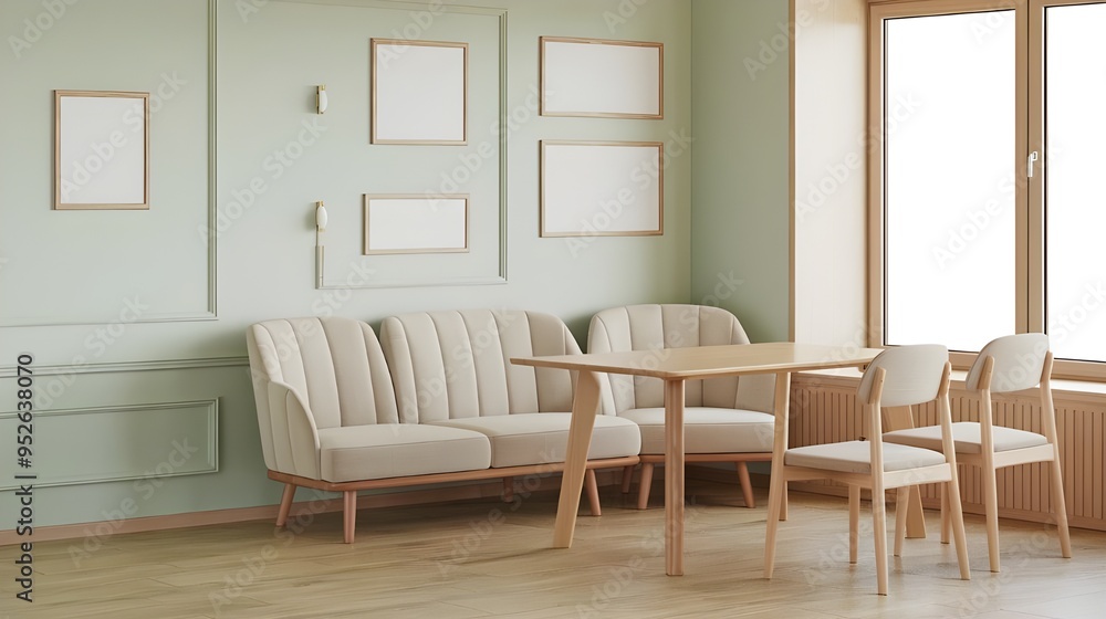 A Scandinavian style modern dining room with a pastel green wall and multiple frames, a wooden table with a sofa and chairs , a wooden table and wooden floor. A Scandinavian style modern dining room with a pastel green wall and multiple frames, a wooden table with a sofa and chairs , a wooden table and wooden floor.