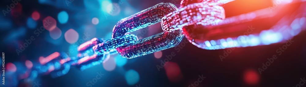 Close-up view of a glowing chain link, representing connection and security in a digital environment with vibrant colors. Close-up view of a glowing chain link, representing connection and security in a digital environment with vibrant colors.
