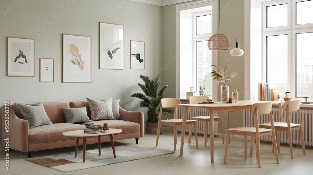 A Scandinavian style interior design of a modern dining room. There is a sofa and chairs near a wooden table against a window. The wall is painted in a pastel green color and has frames hanging on it. A Scandinavian style interior design of a modern dining room. There is a sofa and chairs near a wooden table against a window. The wall is painted in a pastel green color and has frames hanging on it.