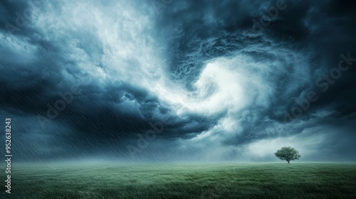 Lone Tree in a Stormy Field under Dark Sky