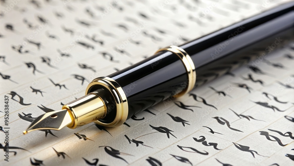 Fototapeta premium A elegant black fountain pen lies diagonally across a crisp white sheet of paper, surrounded by scattered alphabet letters, awaiting a sophisticated signature.