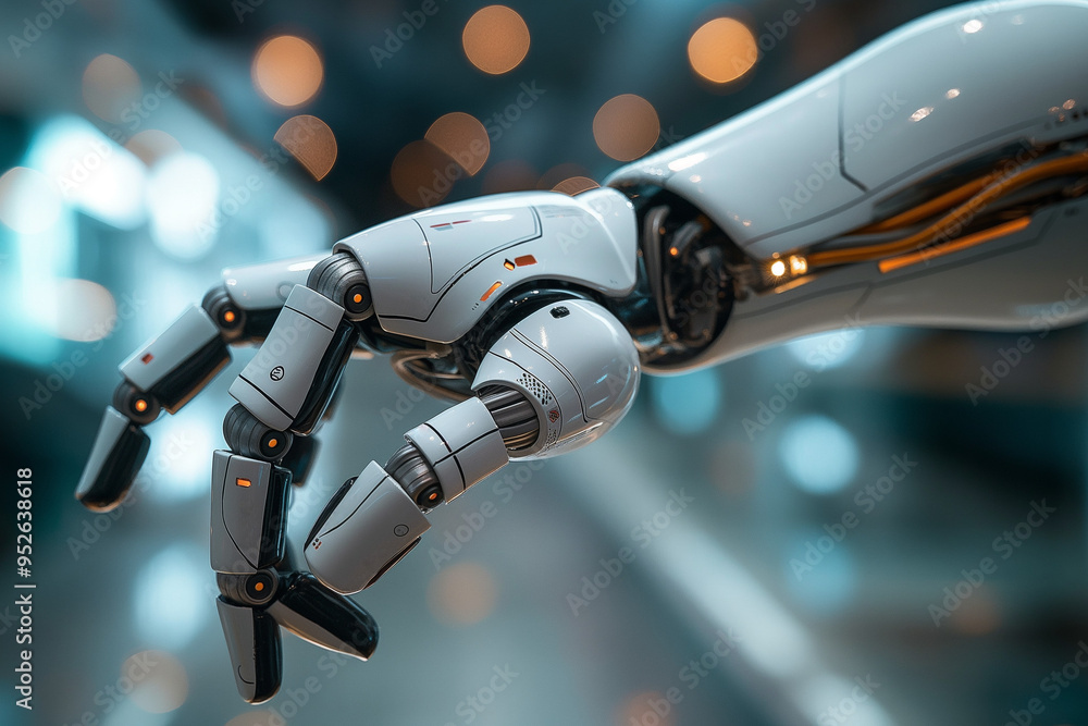 Robot hand close up, artificial intelligence element technology robot futurist cyborg science. Robot hand close up, artificial intelligence element technology robot futurist cyborg science.
