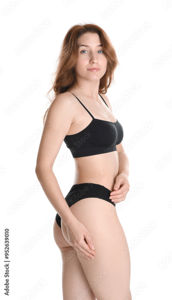 Fototapeta premium Woman with slim body posing on white background