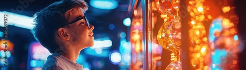 A young boy gazes in awe at colorful lights, showcasing wonder and curiosity in a vibrant environment filled with glowing displays.