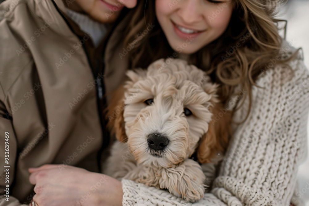 a couple is holding a dog in their arms a couple is holding a dog in their arms