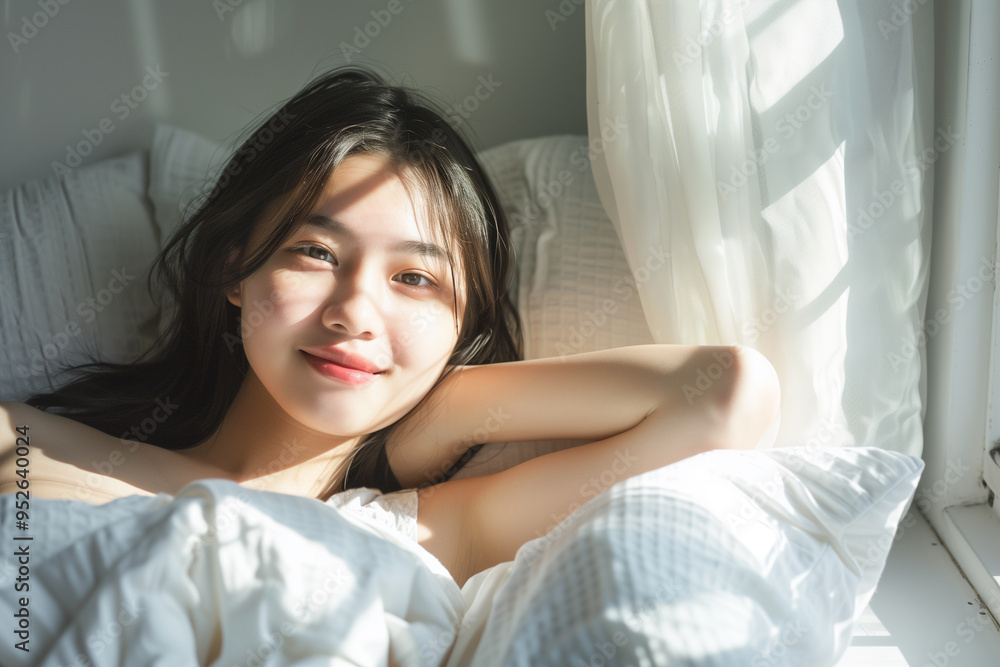 Happy young beautiful Asian woman lying down on bed after wake up in the morning. Relaxing concept