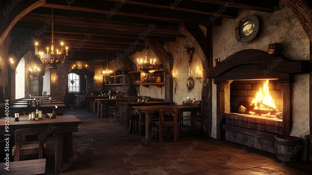 Candle-lit tavern in a medieval village with wooden tables and a roaring fireplace Warm inviting with rich wood tones soft flickering light detailed 3D rendering Candle-lit tavern in a medieval village with wooden tables and a roaring fireplace Warm inviting with rich wood tones soft flickering light detailed 3D rendering