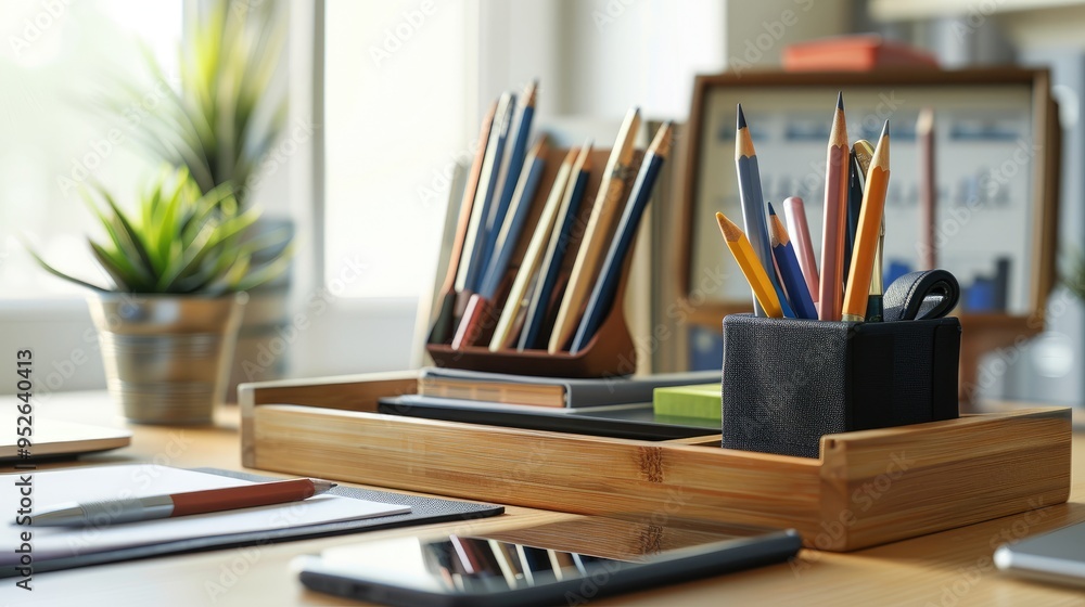 Organized Desk Essentials: Neatly Arranged Desktop Organizer Enhancing Workspace Efficiency and Organization Organized Desk Essentials: Neatly Arranged Desktop Organizer Enhancing Workspace Efficiency and Organization