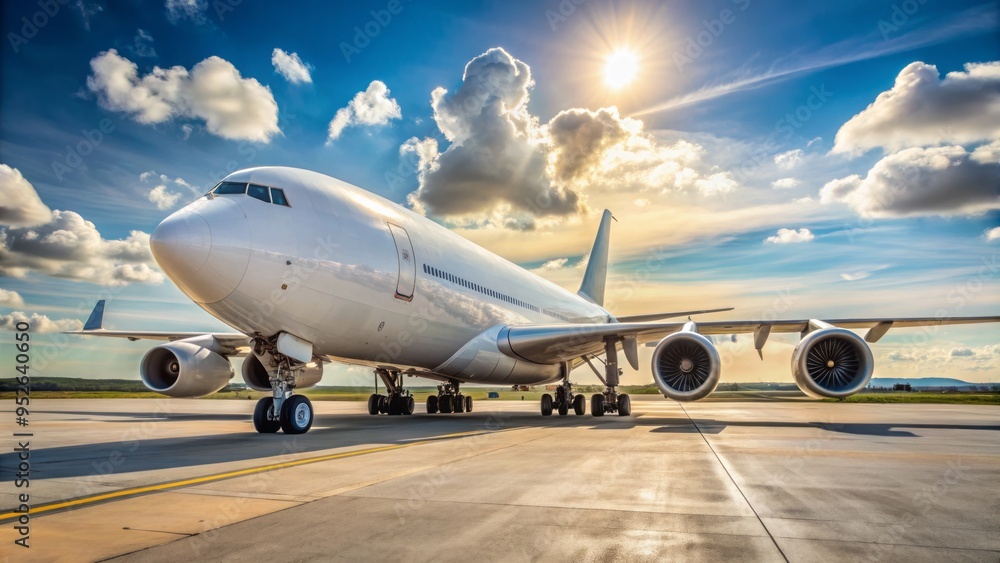 A large, white cargo airplane with Pratt & Whitney engines sits on a sunny airport runway, preparing to transport goods across the globe. A large, white cargo airplane with Pratt & Whitney engines sits on a sunny airport runway, preparing to transport goods across the globe.