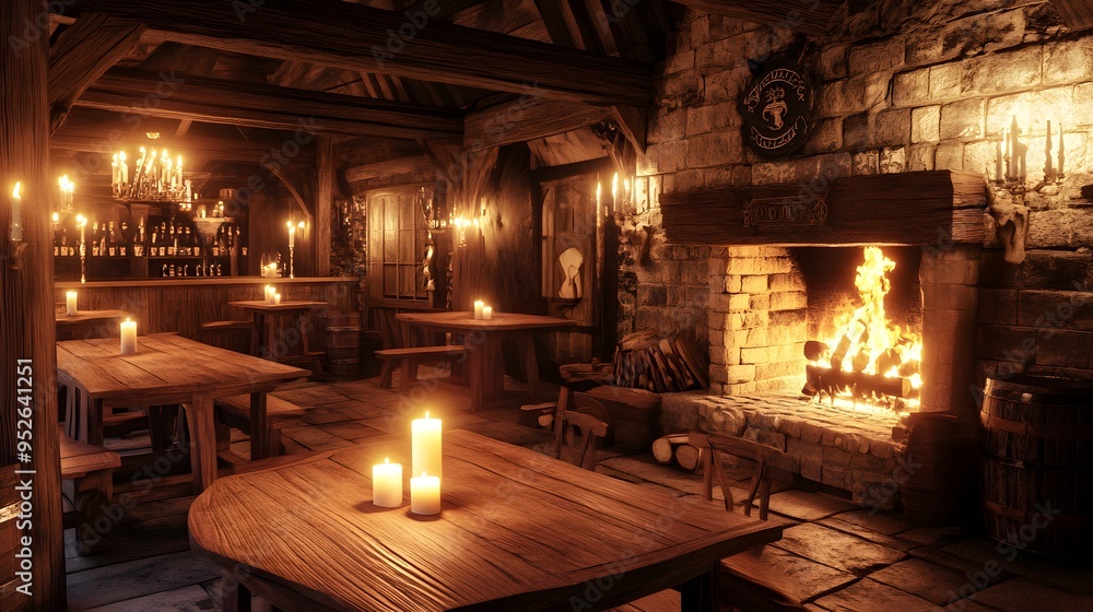 Warm medieval tavern featuring wooden tables and candlelight by a roaring fireplace Cozy with rich wood tones soft flickering light realistic 3D rendering Warm medieval tavern featuring wooden tables and candlelight by a roaring fireplace Cozy with rich wood tones soft flickering light realistic 3D rendering