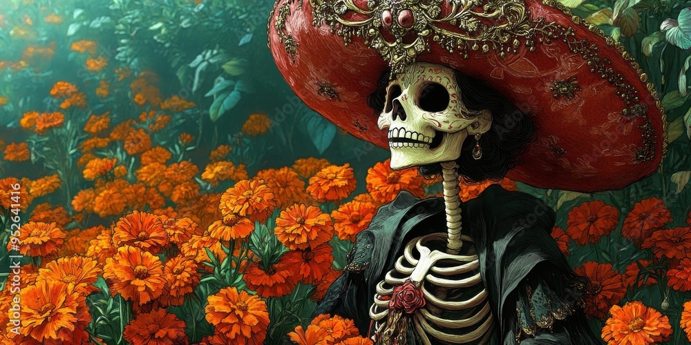 Naklejka premium Vibrant DÃ­a de los Muertos Skeleton in Traditional Dress Amidst Bright Marigold Flowers Celebrating Mexican Day of the Dead