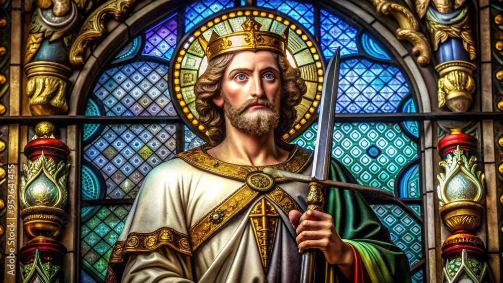 Naklejka premium A majestic statue of a Christian saint, with a serene expression, holding a sword and scripture, set against a stunning stained-glass background.