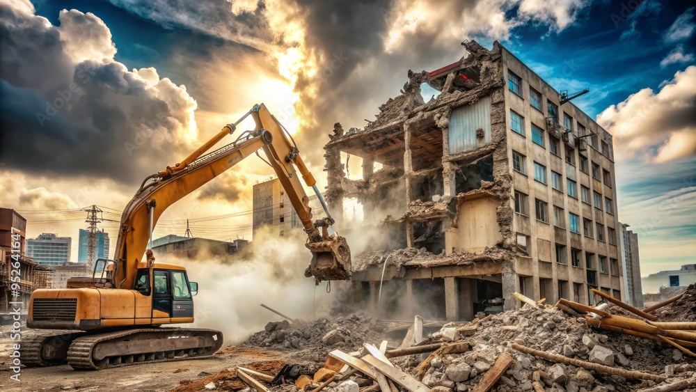 A massive excavator arm tears down a condemned building, clouds of dust and debris surround the demolition site amidst a backdrop of urban renewal. A massive excavator arm tears down a condemned building, clouds of dust and debris surround the demolition site amidst a backdrop of urban renewal.