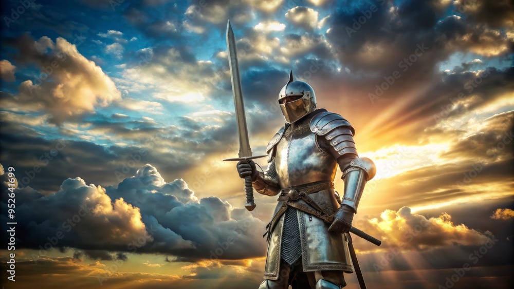 A medieval knight in shining armor holds a mighty sword aloft, ready for battle, set against a dramatic cloudy sky with a hint of sunlight.