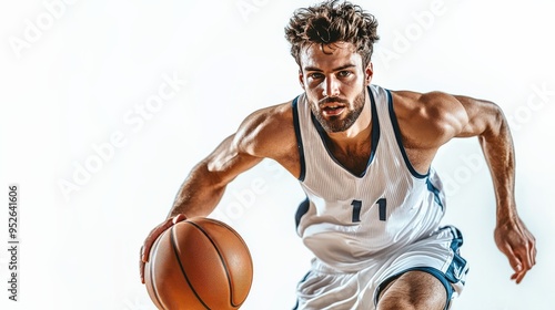 Intense Drive: A determined basketball player charges forward, eyes locked on the basket, in this dynamic sports portrait.  photo