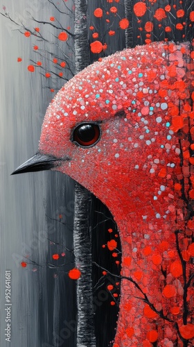 A stunning red bird gazes thoughtfully its textured feathers blending with the abstract backdrop of dark trees and bright splashes of red evoking a sense of wonder photo