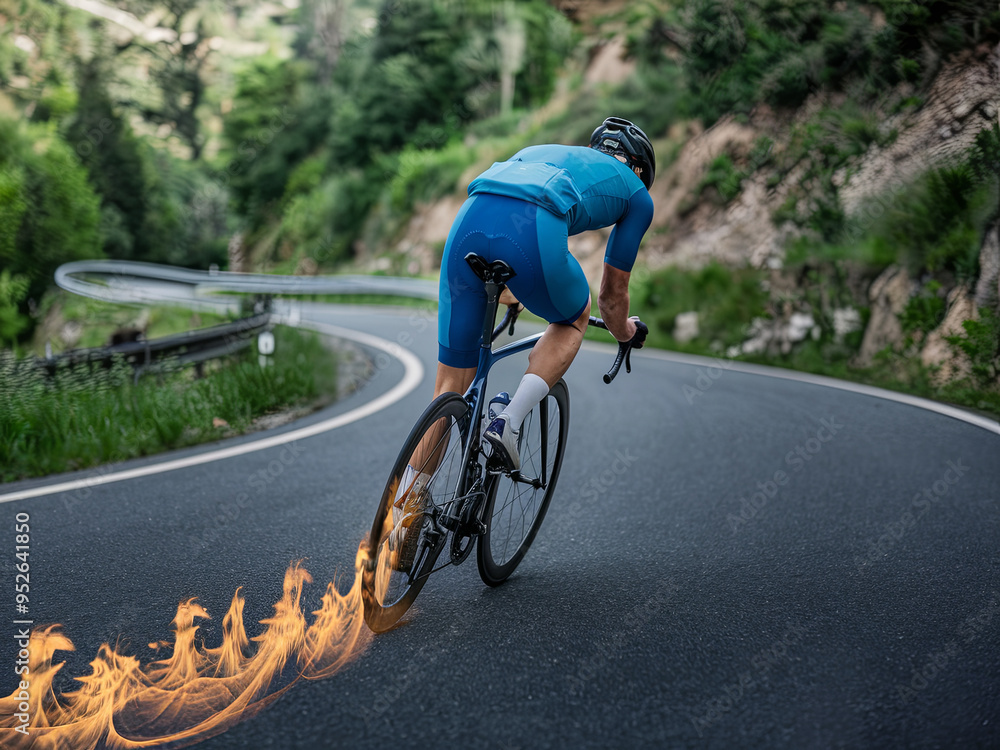 Fototapeta premium Cyclist on a racing bike pedaling and leaving a trail of fire on the road