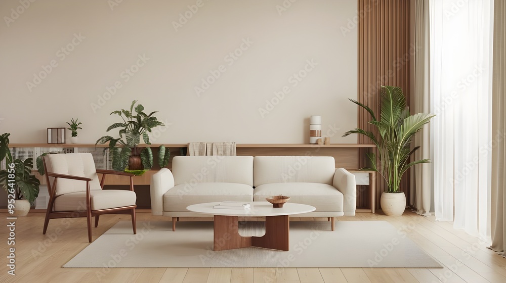 A minimalist Japandi interior design of a modern living room with a few pieces of furniture. There is a beige sofa, a white coffee table, and a wooden accent armchair. A minimalist Japandi interior design of a modern living room with a few pieces of furniture. There is a beige sofa, a white coffee table, and a wooden accent armchair.