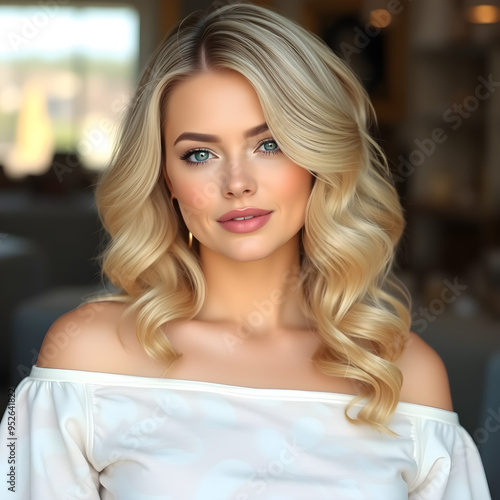 Una rubia que usa una blusa blanca con hombros descubiertos