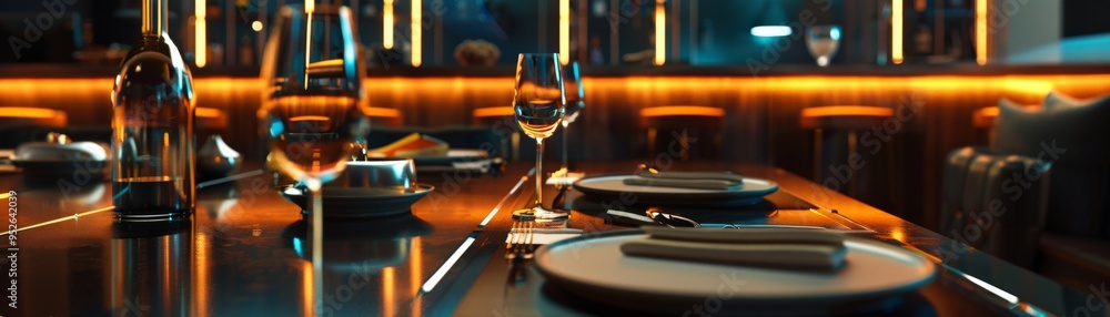 Obraz premium Elegant restaurant interior with luxurious lighting, beautifully set table, and stylish decor for a refined dining experience.