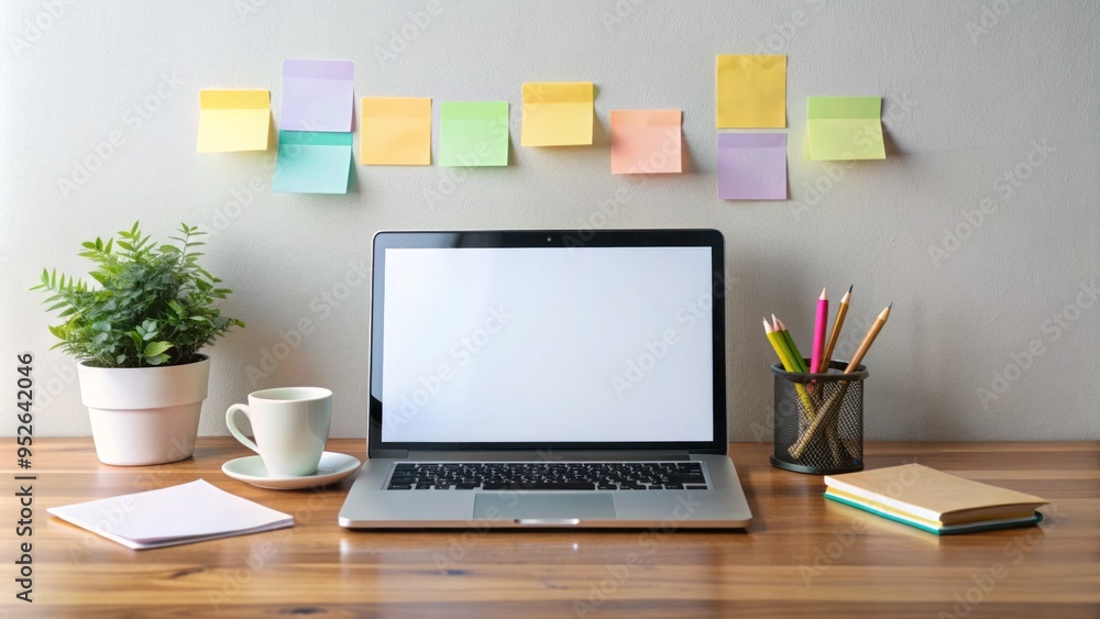 A minimalist workspace with a laptop, notebook, and pens, surrounded by scattered papers and colorful sticky notes, with a blank PNG file on the screen. A minimalist workspace with a laptop, notebook, and pens, surrounded by scattered papers and colorful sticky notes, with a blank PNG file on the screen.